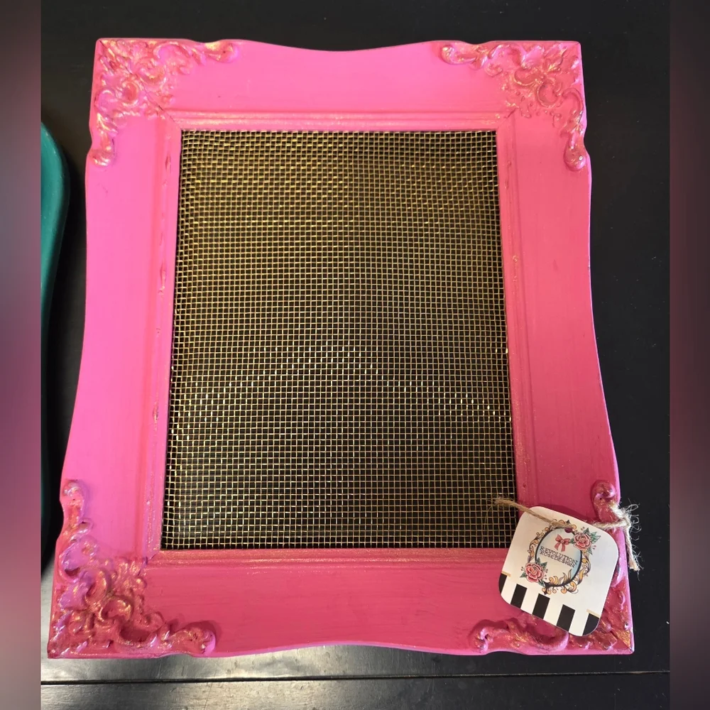 Hot Pink Ornate Wooden Frame W/ Gold Mesh Screen For Jewelry Hanging (11